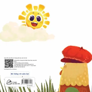 Bìa sau sách với mặt trời và nhân vật đội mũ