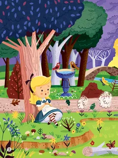 Alice ngồi dưới gốc cây trong khu vườn