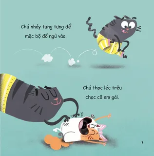 Mèo nghịch ngợm nhảy tung và trêu em