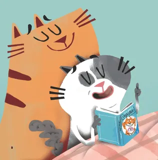 Mèo con nghịch ngợm đọc sách cùng mèo lớn