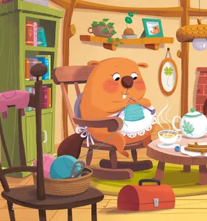 Hải Ly Bố ngồi đan len trong ngôi nhà ấm áp