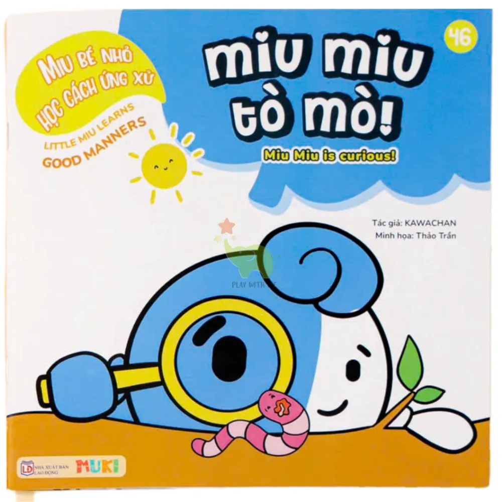 Sách Ehon Kĩ Năng Sống Miu Bé Nhỏ Học Cách Ứng Xử Tập 46 Miu Miu Tò Mò bìa mềm song ngữ cho bé 1-6 tuổi của Kawachan, bìa xanh dương