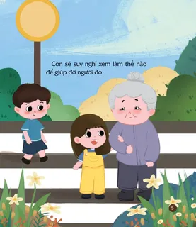 Bé giúp đỡ cụ già qua đường