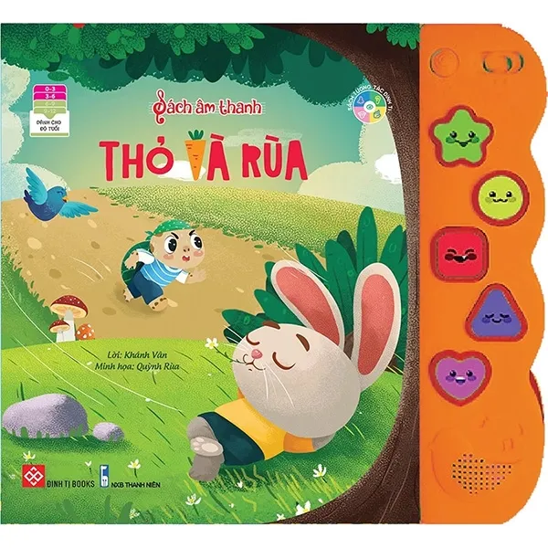Sách Tương Tác Âm Thanh Thỏ Và Rùa cho bé 0-6 tuổi của Khánh Vân, bìa mềm màu cam nổi bật