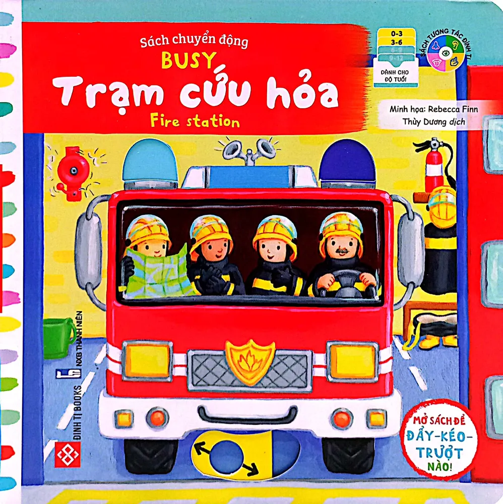 Sách Chuyển Động Busy Trạm Cứu Hỏa bìa cứng cho bé 0-6 tuổi của Rebecca Finn, bìa đỏ nổi bật