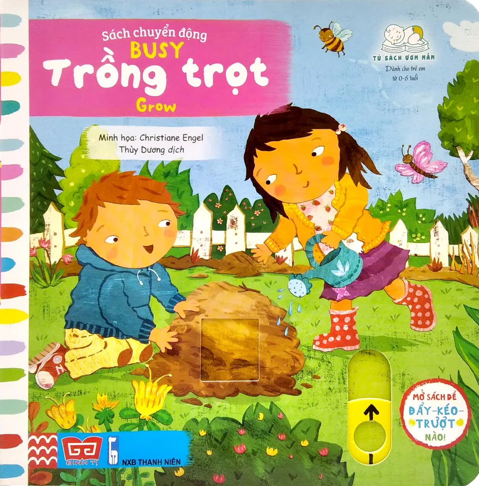 Sách Chuyển Động Busy Trồng Trọt bìa cứng cho bé 0-6 tuổi của Christiane Engel, bìa hồng xanh sinh động