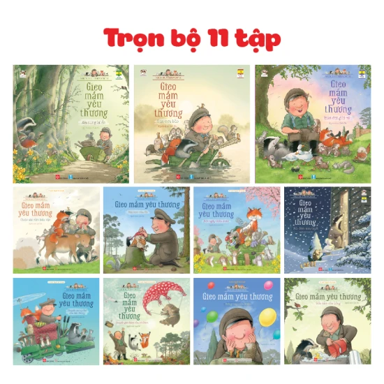 Bộ Gieo Mầm Yêu Thương 11 cuốn chụp chung, 3 cuốn khổ to hàng đầu, 8 cuốn khổ nhỏ 2 hàng tiếp theo